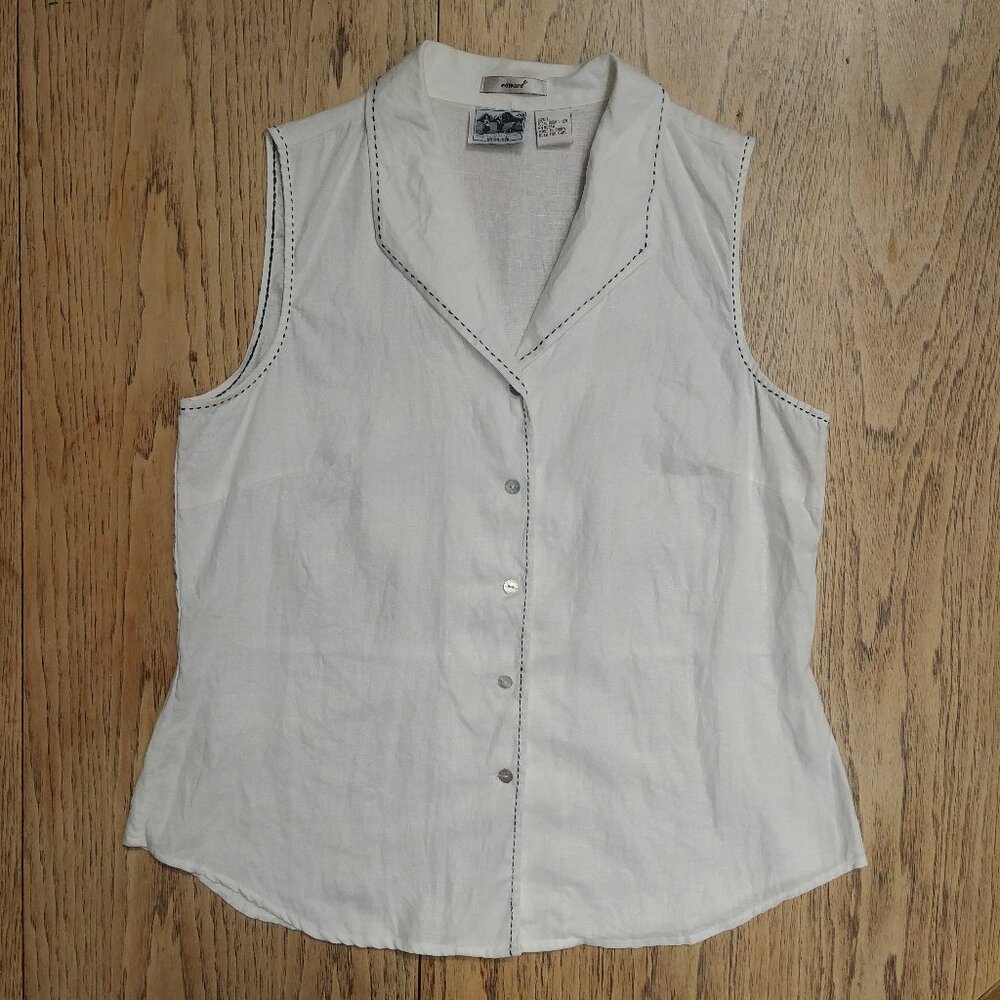 Edward Women's Large 100% Irish linen sleeveless white button down blouse top
